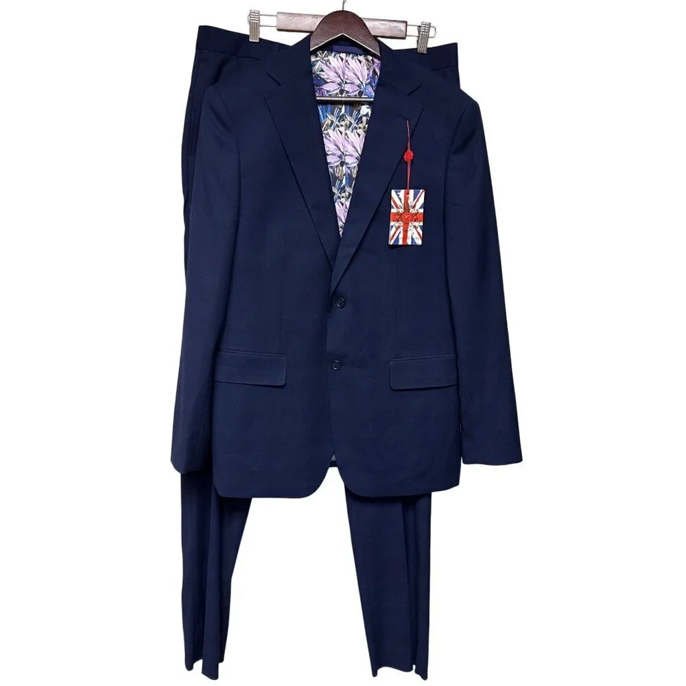 English Laundry Men's Suit Blazer Pants Navy Blue Lined Window Pane 42L 35W NEW